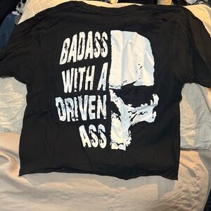 Black Graphic Crop Top with White Skull & Slogan